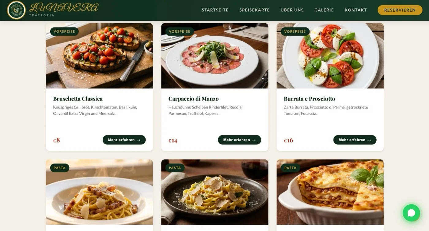 Lunavera Trattoria – Website mit Speisekarte und Galerie